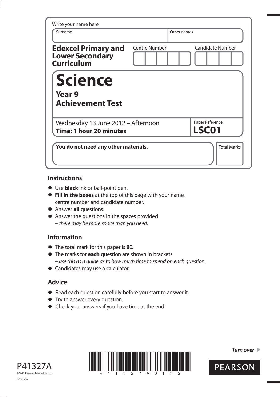 First page of Science Year 9 Achievement Test Question Paper