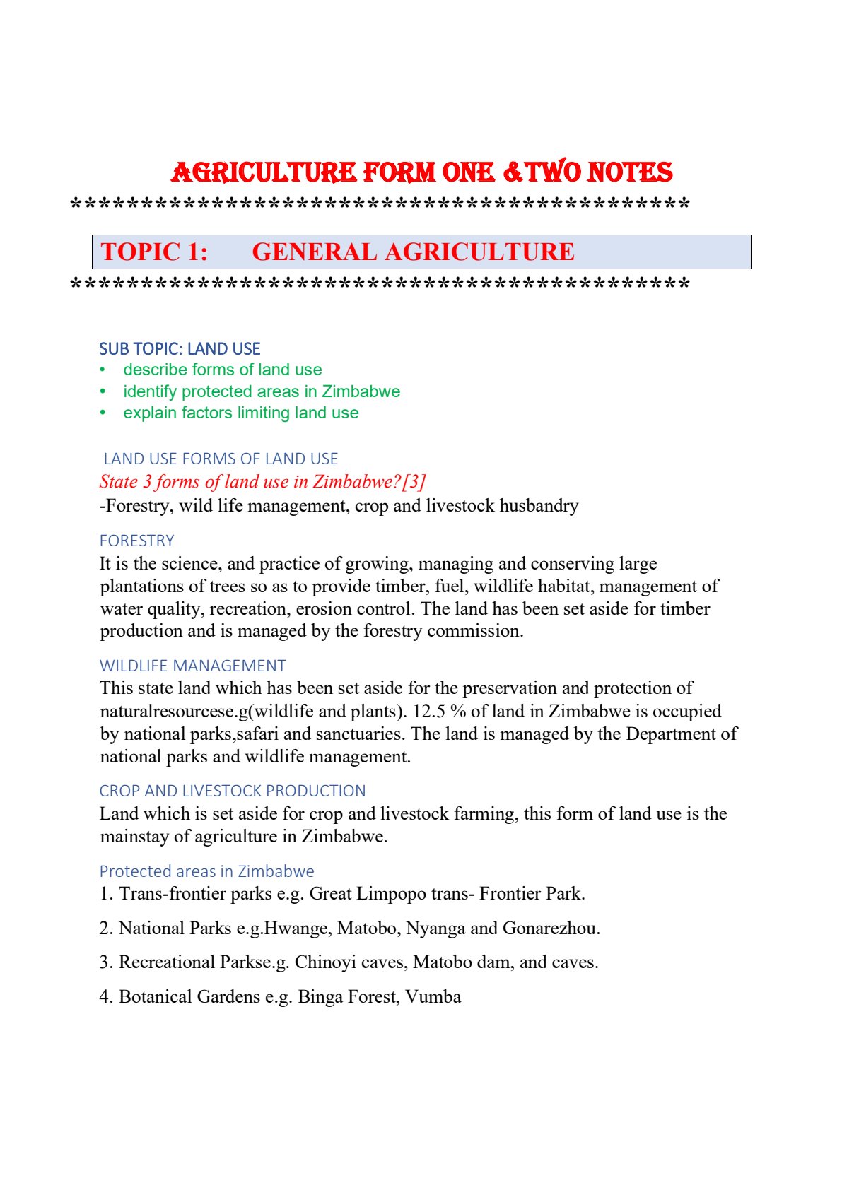 First page of Secondary Agriculture General Agriculture Notes Zimbabwe