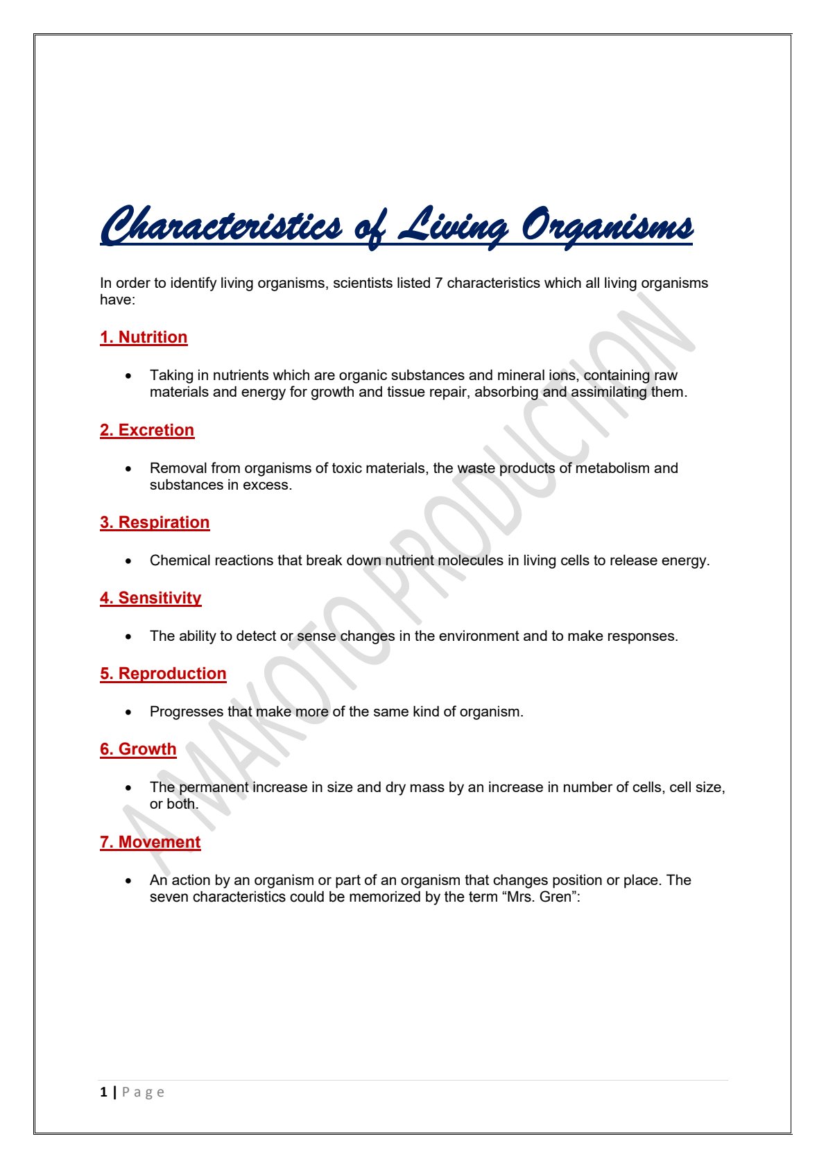 First page of Secondary Biology Characteristics of Living Organisms Notes Zimbabwe