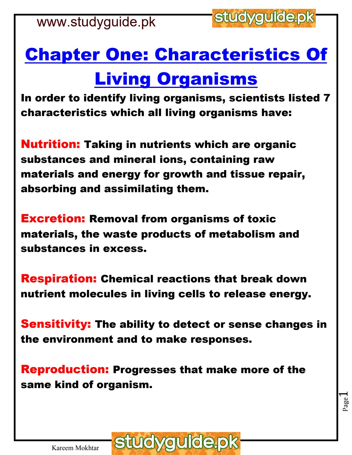 First page of Secondary Biology Characteristics Of Living Organisms Notes Zimbabwe