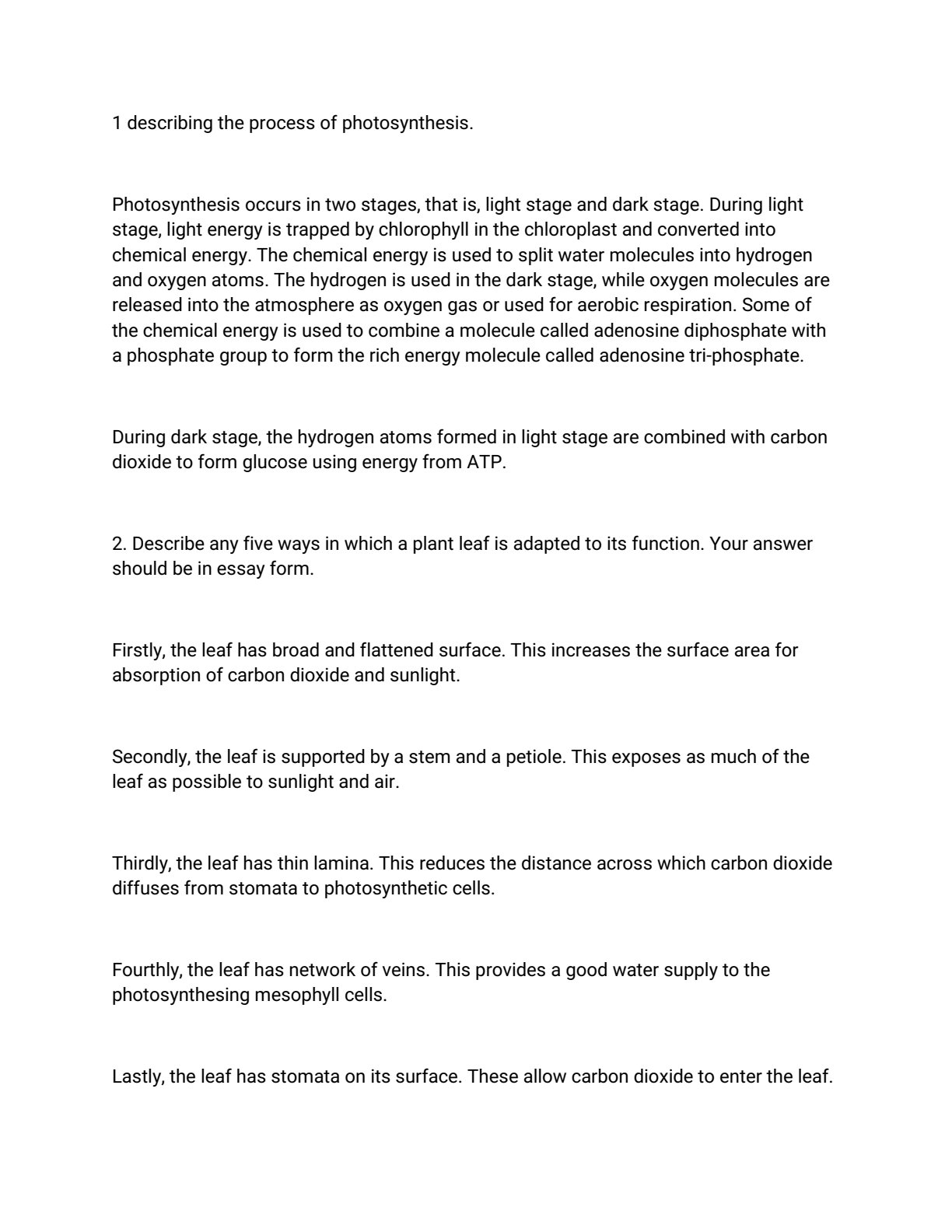 First page of Secondary Biology Photosynthesis and Leaf Adaptations Notes Zimbabwe