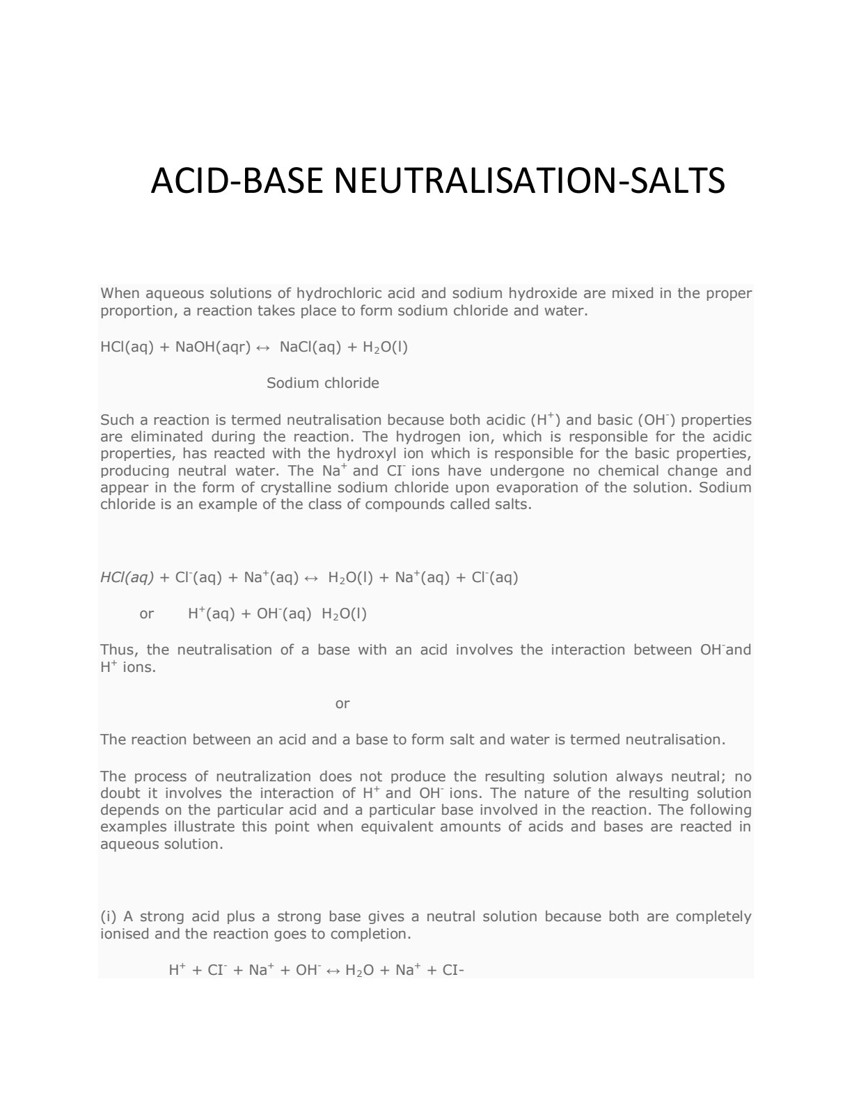First page of Secondary Chemistry Acid-Base Neutralisation and Salts Notes Zimbabwe