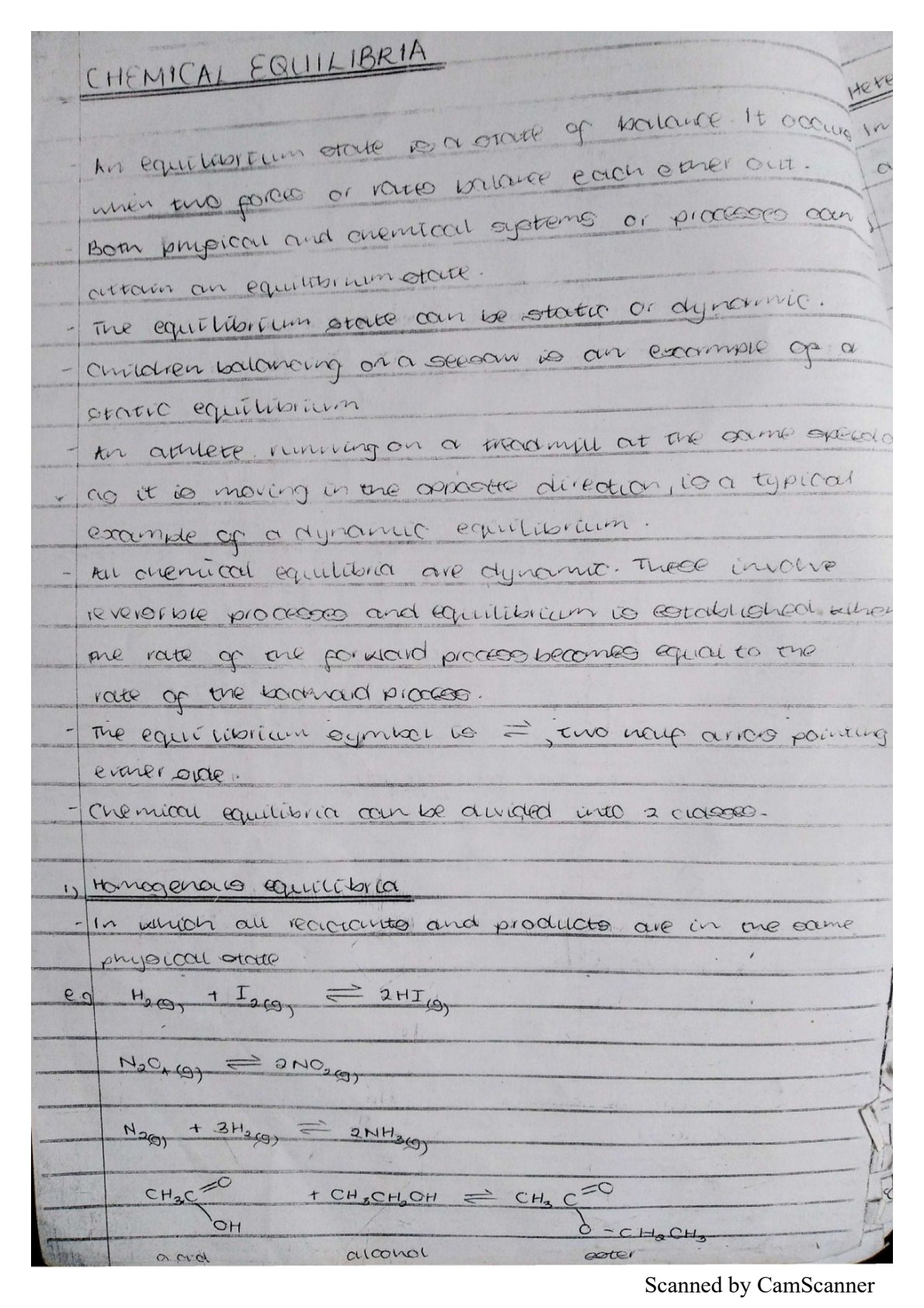First page of Secondary Chemistry Chemical Equilibria Notes Zimbabwe