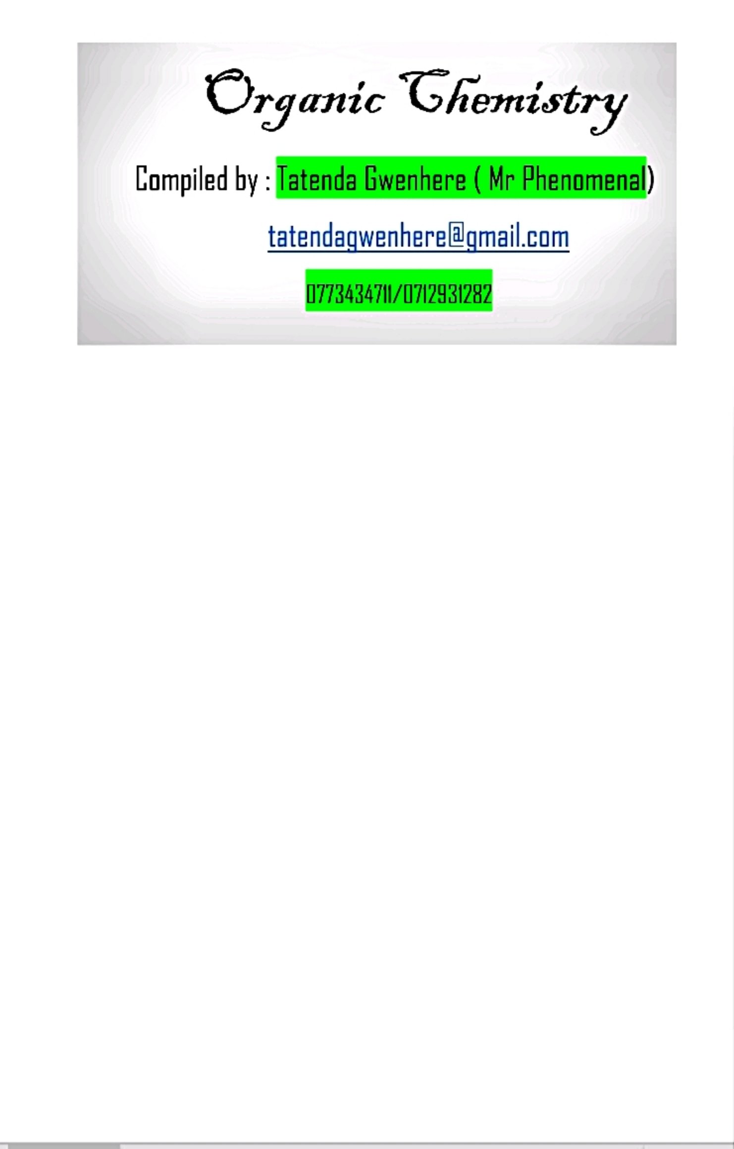 First page of Secondary Chemistry Organic Chemistry Notes Zimbabwe