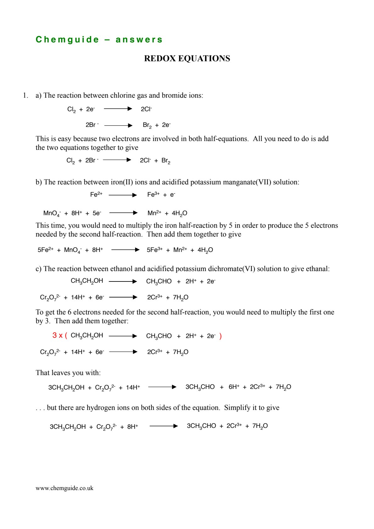 First page of Secondary Chemistry Redox Equations Notes Zimbabwe