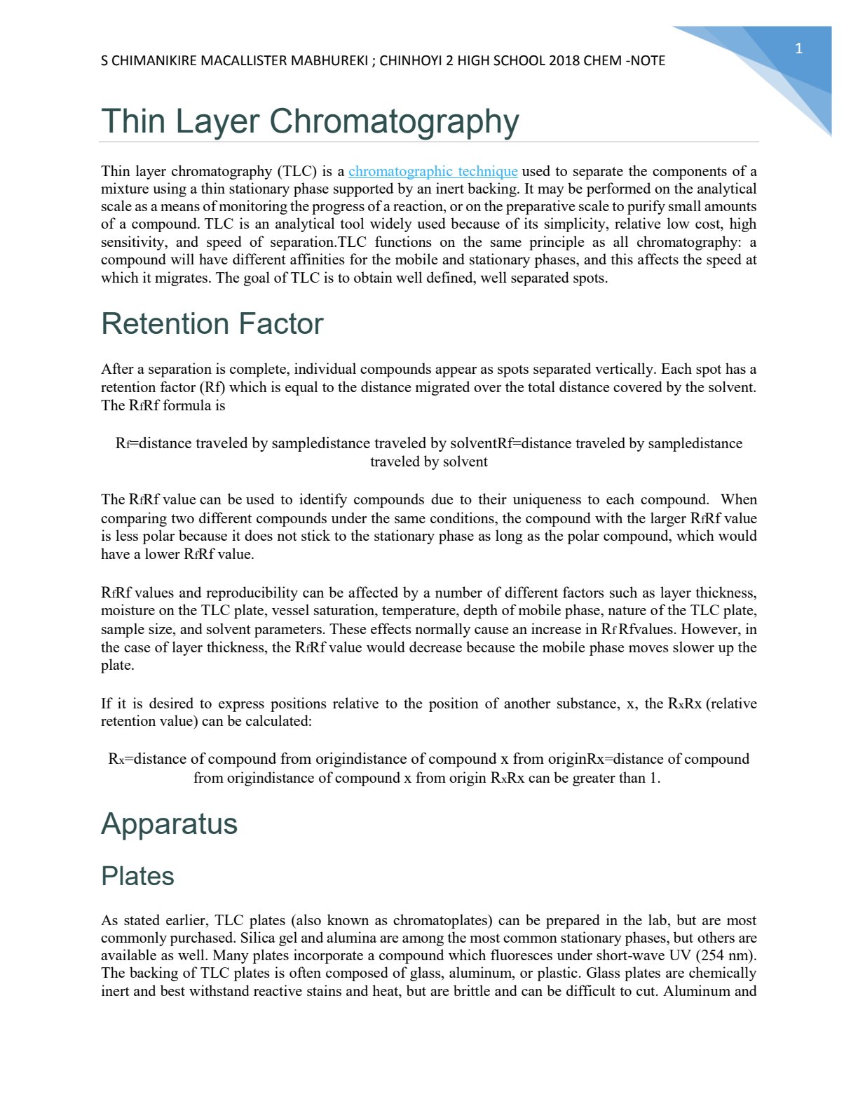 First page of Secondary Chemistry Thin Layer Chromatography Notes Zimbabwe