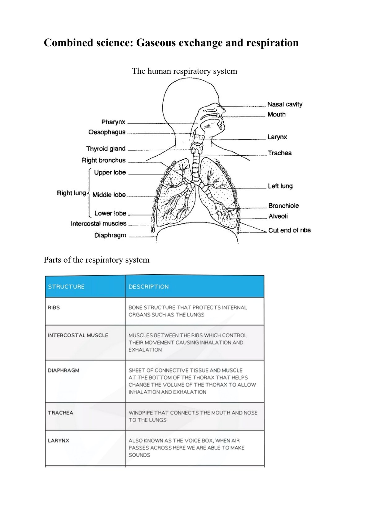 First page of Secondary Combined Science Gaseous exchange and respiration Notes Zimbabwe