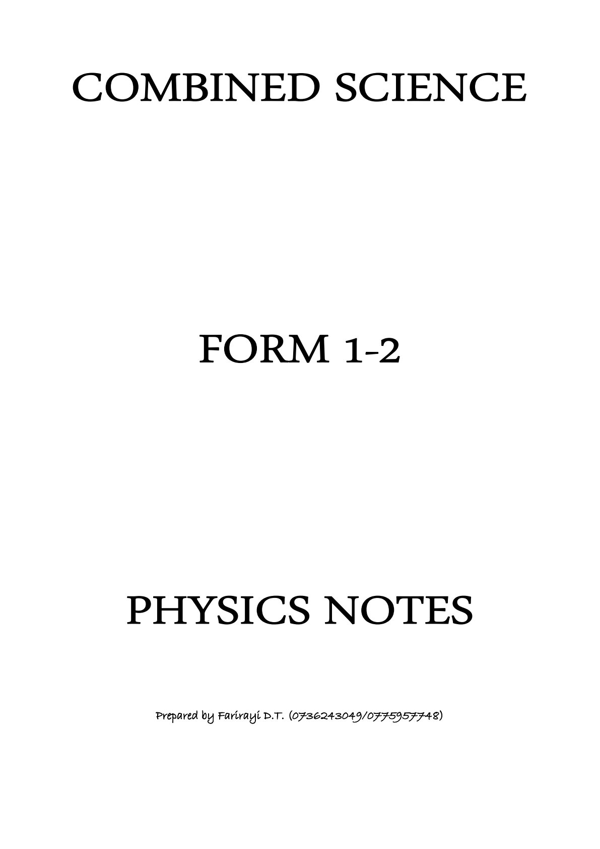 First page of Secondary Combined Science Physics Notes Zimbabwe