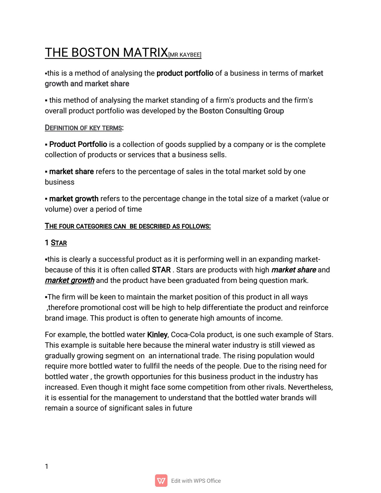 First page of Secondary Commerce Boston Matrix and Ansoff Matrix Notes Zimbabwe