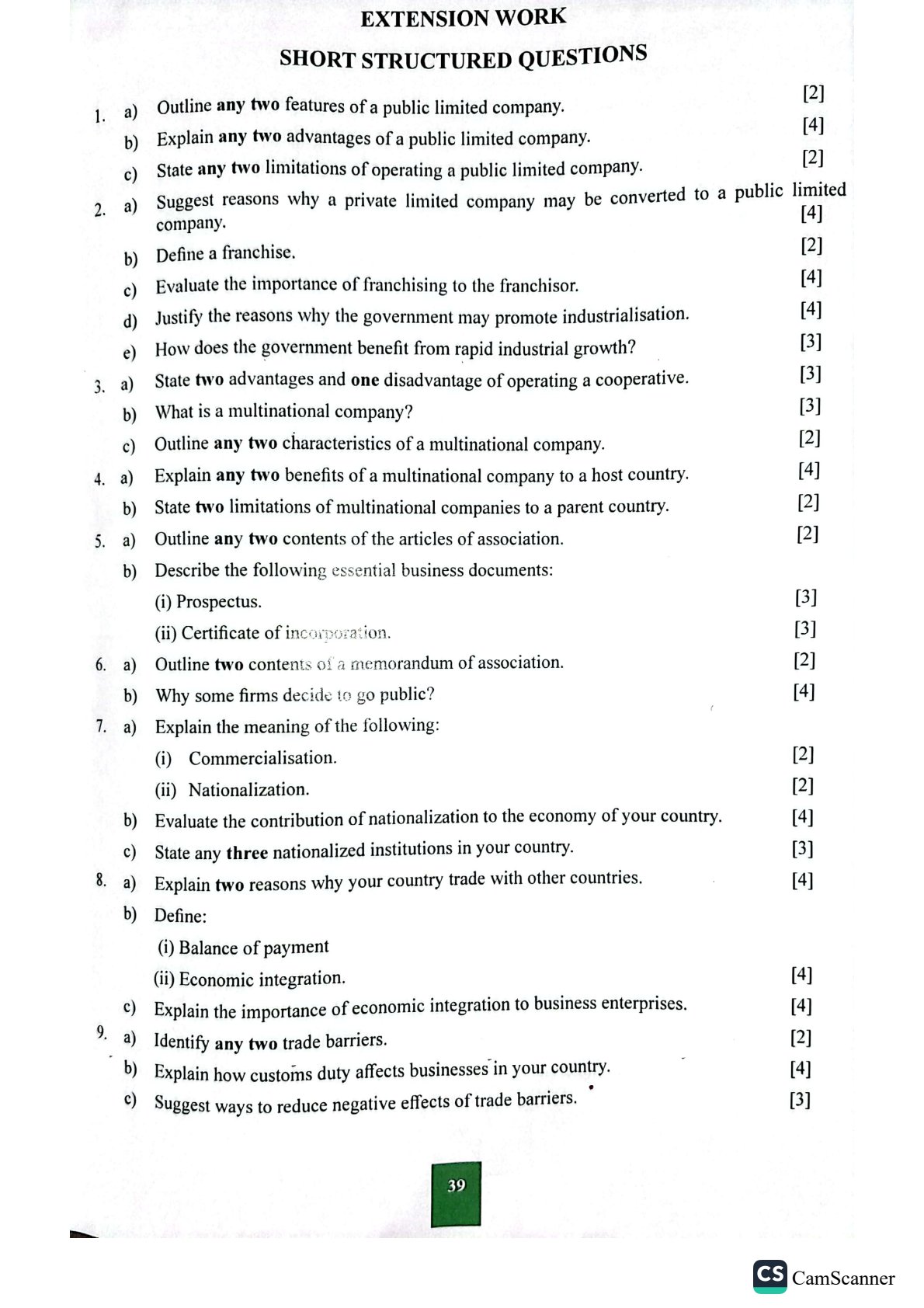 First page of Secondary Commerce Business Structures and International Trade Worksheet Zimbabwe