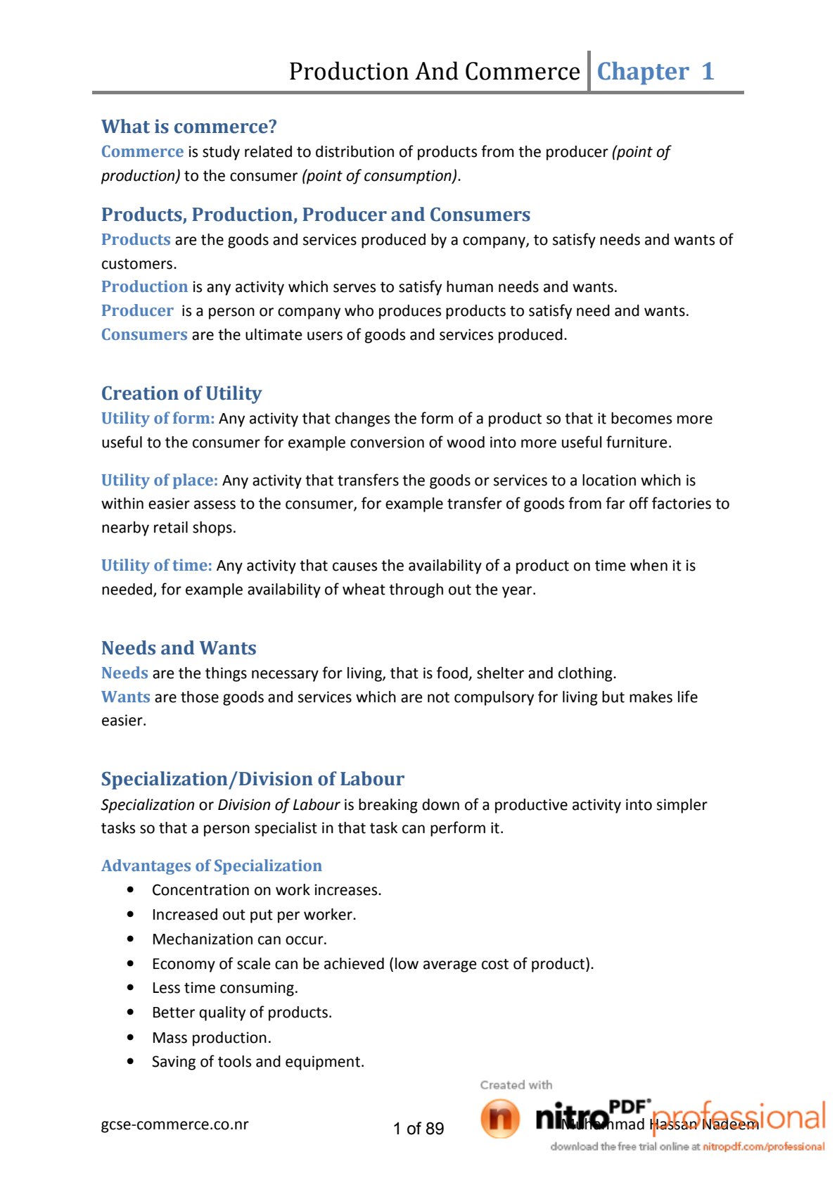 First page of Secondary Commerce Production and Commerce Notes Zimbabwe