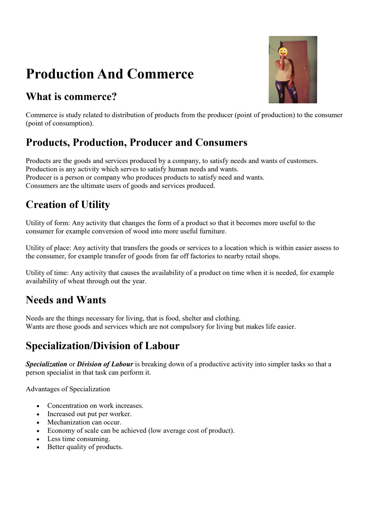 First page of Secondary Commerce Production and Commerce Notes Zimbabwe