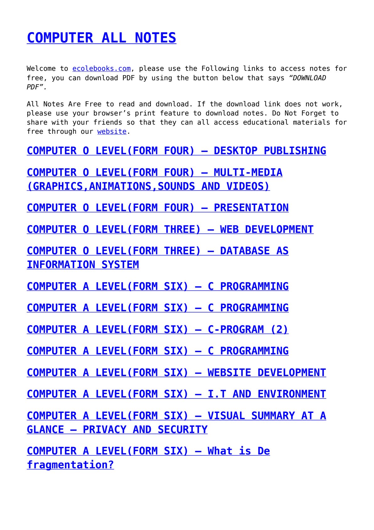 First page of Secondary Computer Science Notes Zimbabwe