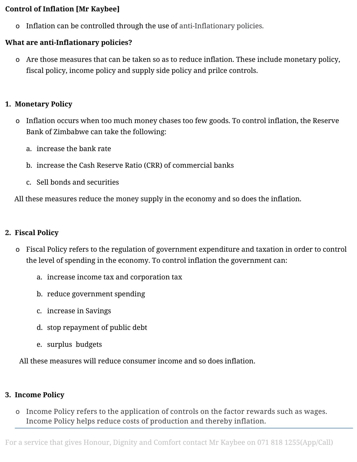 First page of Secondary Economics Control of Inflation Notes Zimbabwe