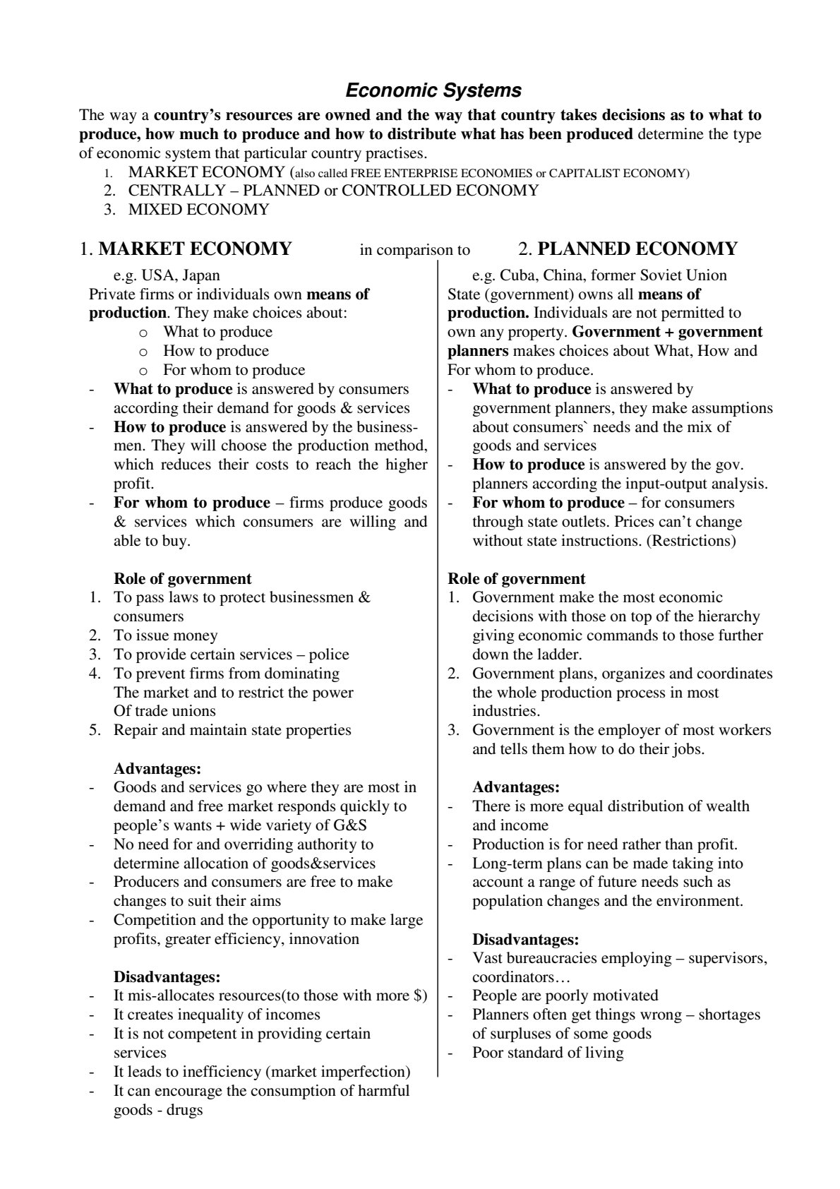 First page of Secondary Economics Economic Systems Notes Zimbabwe