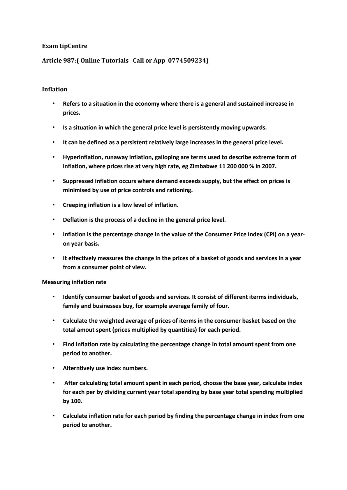 First page of Secondary Economics Inflation Notes Zimbabwe