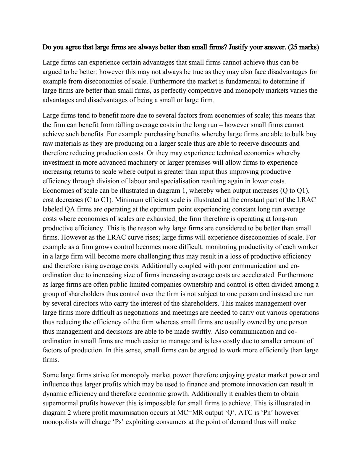 First page of Secondary Economics Large firms vs small firms: economies and diseconomies of scale Notes Zimbabwe