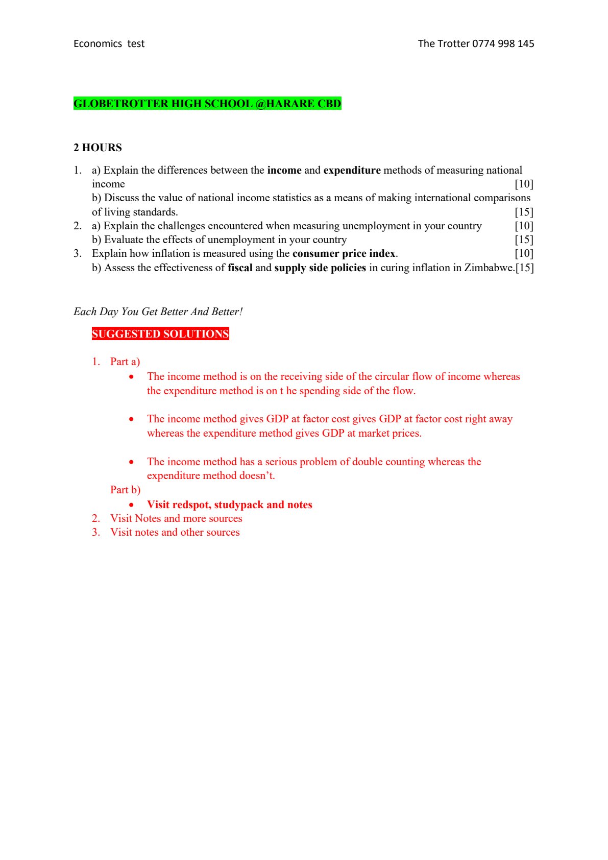 First page of Secondary Economics National Income, Inflation, Unemployment Revision Pack Zimbabwe