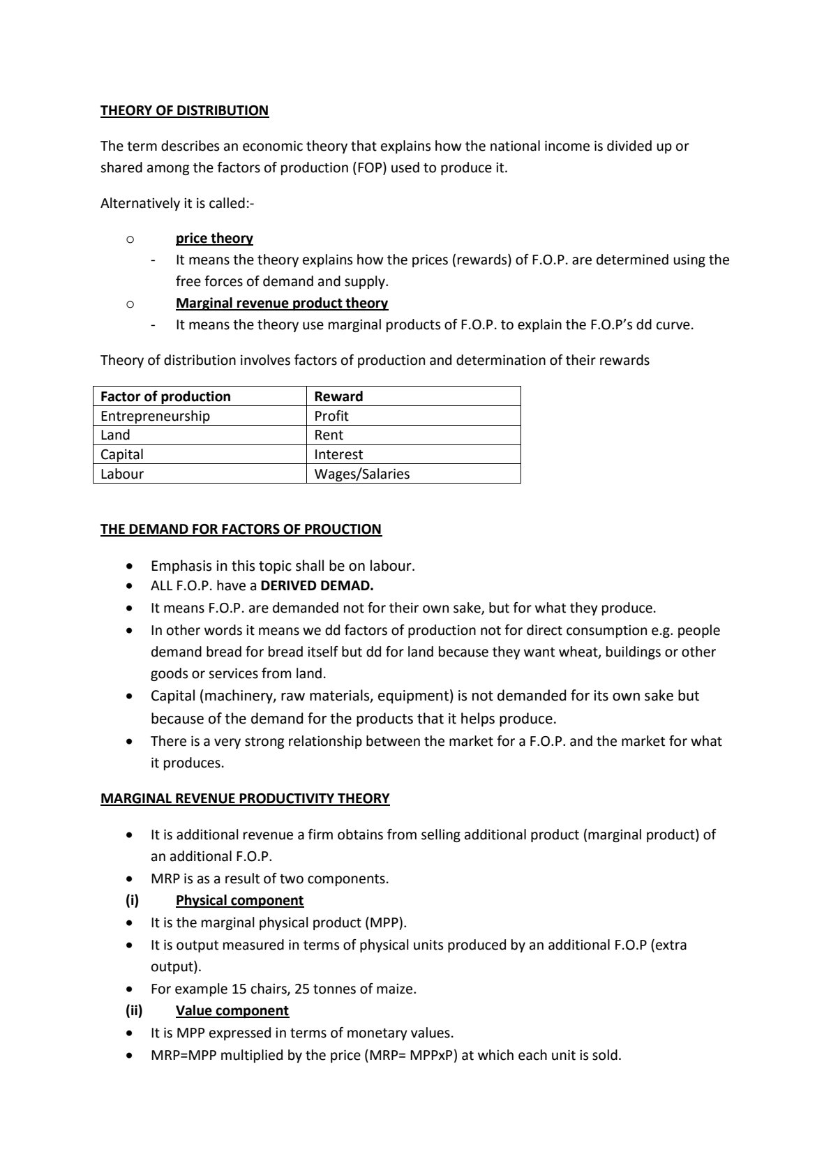 First page of Secondary Economics Theory of Distribution Notes Zimbabwe