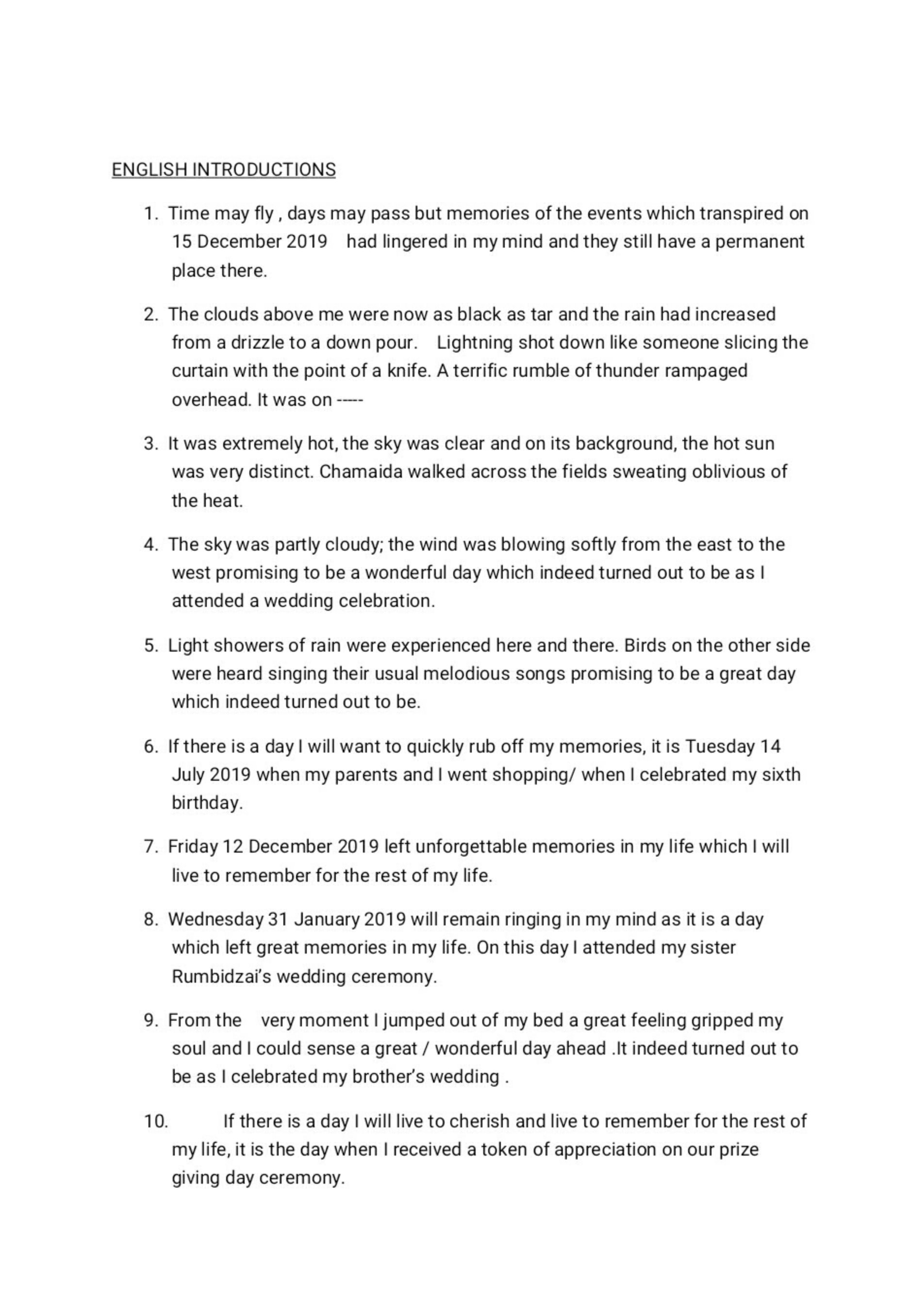 First page of Secondary English Language Composition Introductions Notes Zimbabwe