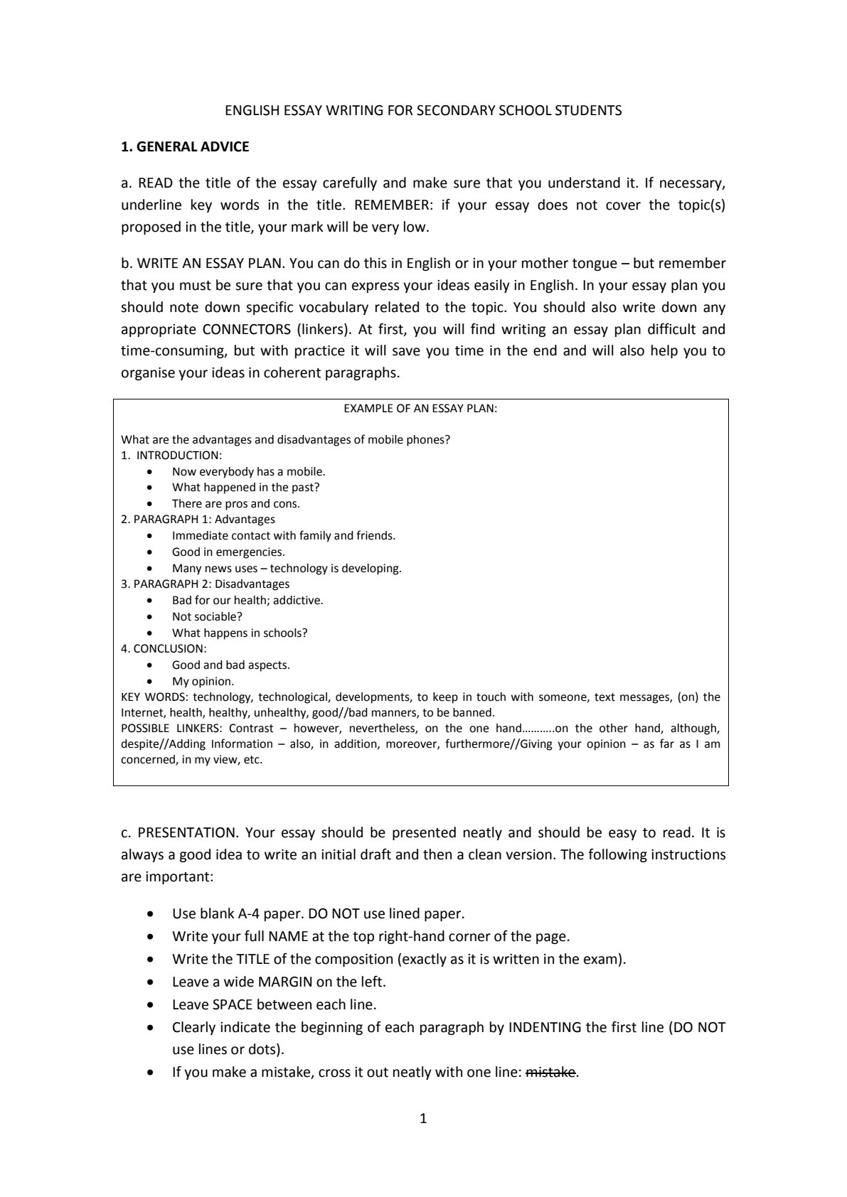 First page of Secondary English Language Essay Writing Notes Zimbabwe