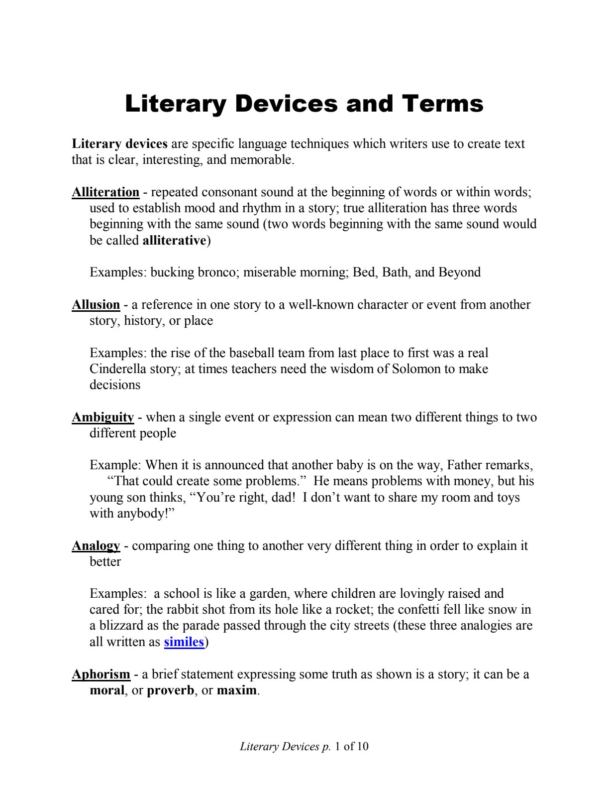 First page of Secondary English Language Literary Devices Notes Zimbabwe