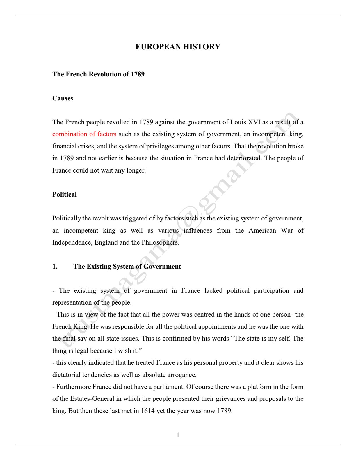 First page of Secondary European History The French Revolution of 1789 Notes Zimbabwe