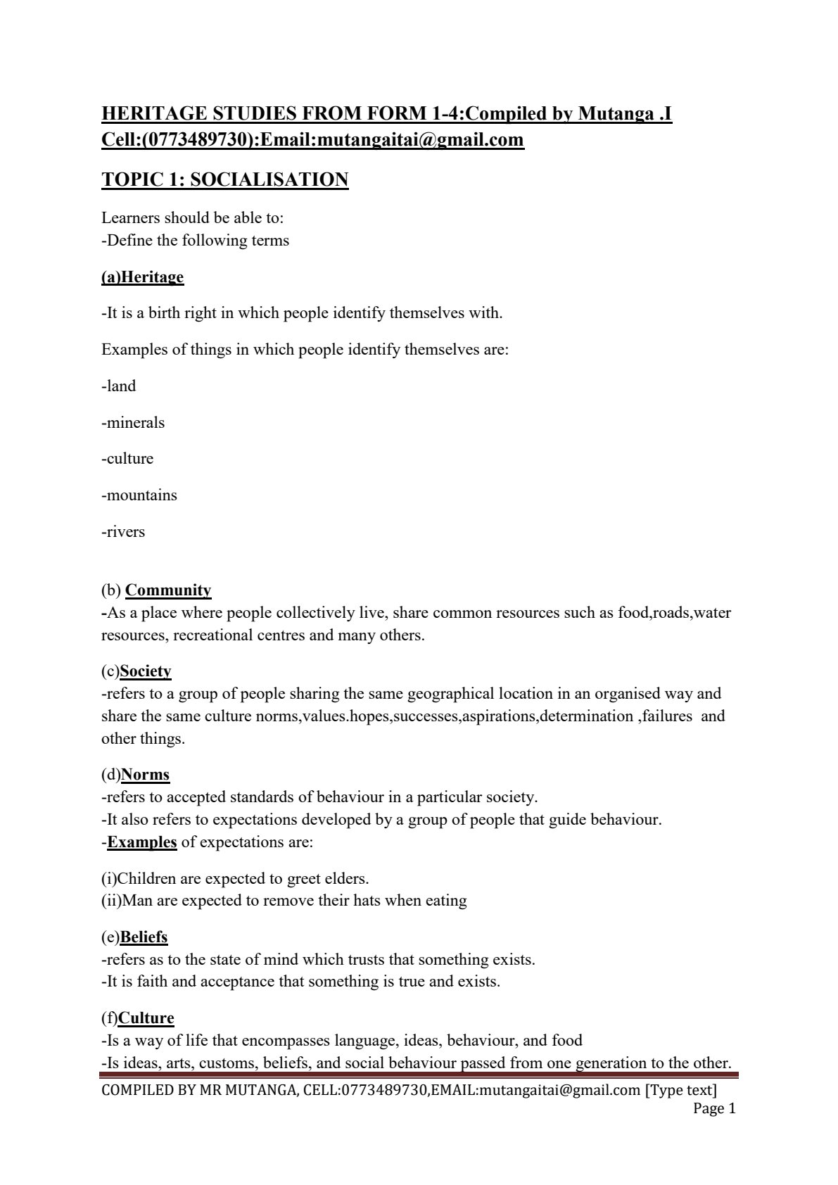 First page of Secondary Family and Heritage Studies Socialisation Notes Zimbabwe