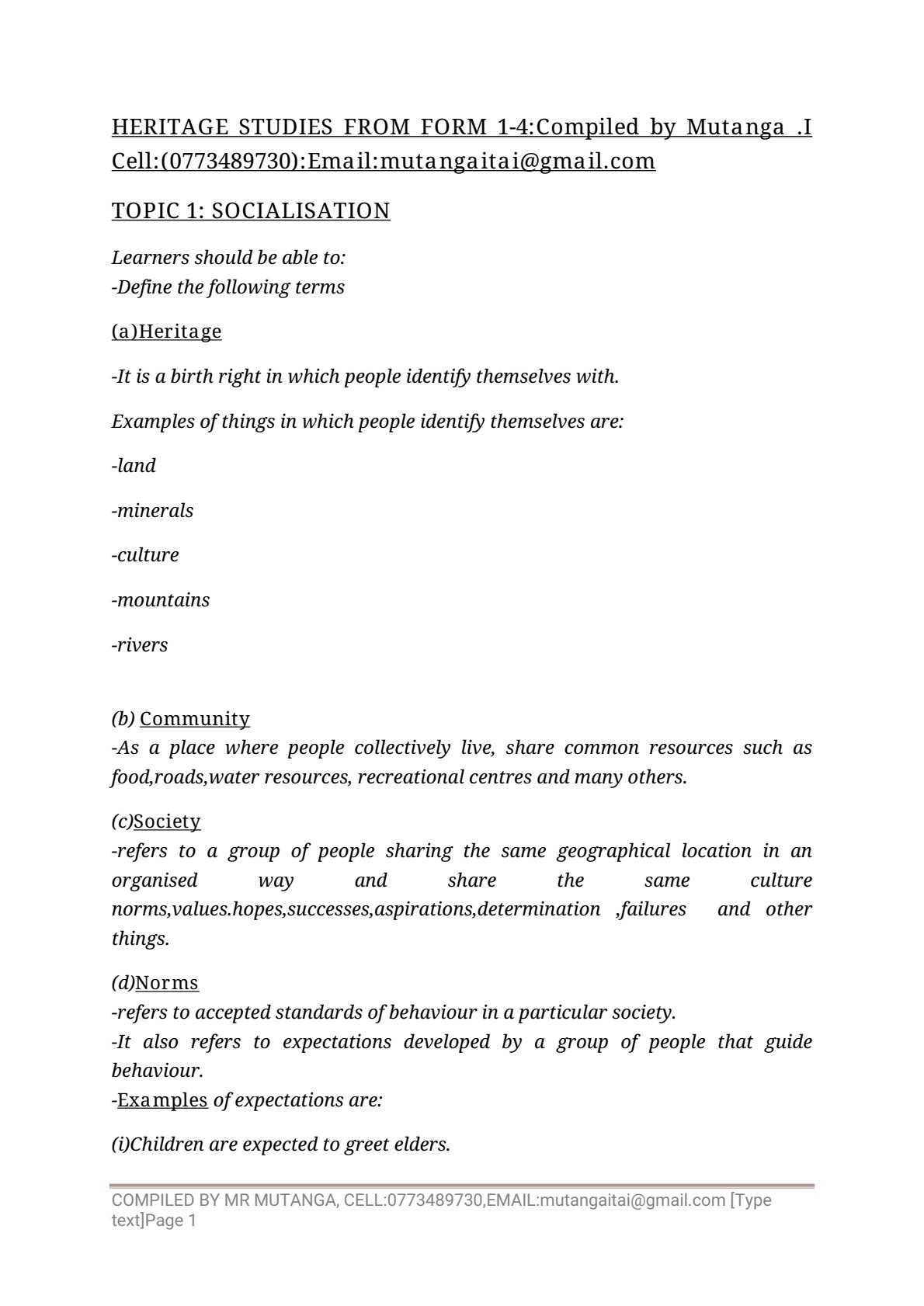 First page of Secondary Family and Heritage Studies Socialisation Notes Zimbabwe