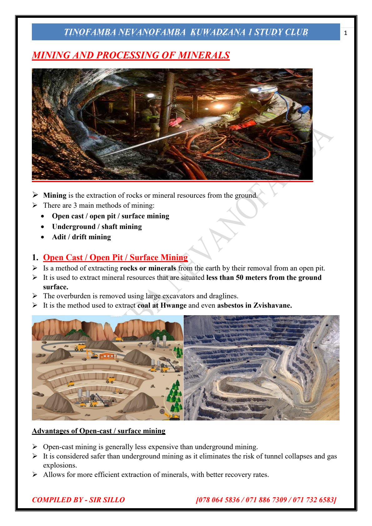 First page of Secondary Geography Mining and Processing of Minerals Notes Zimbabwe