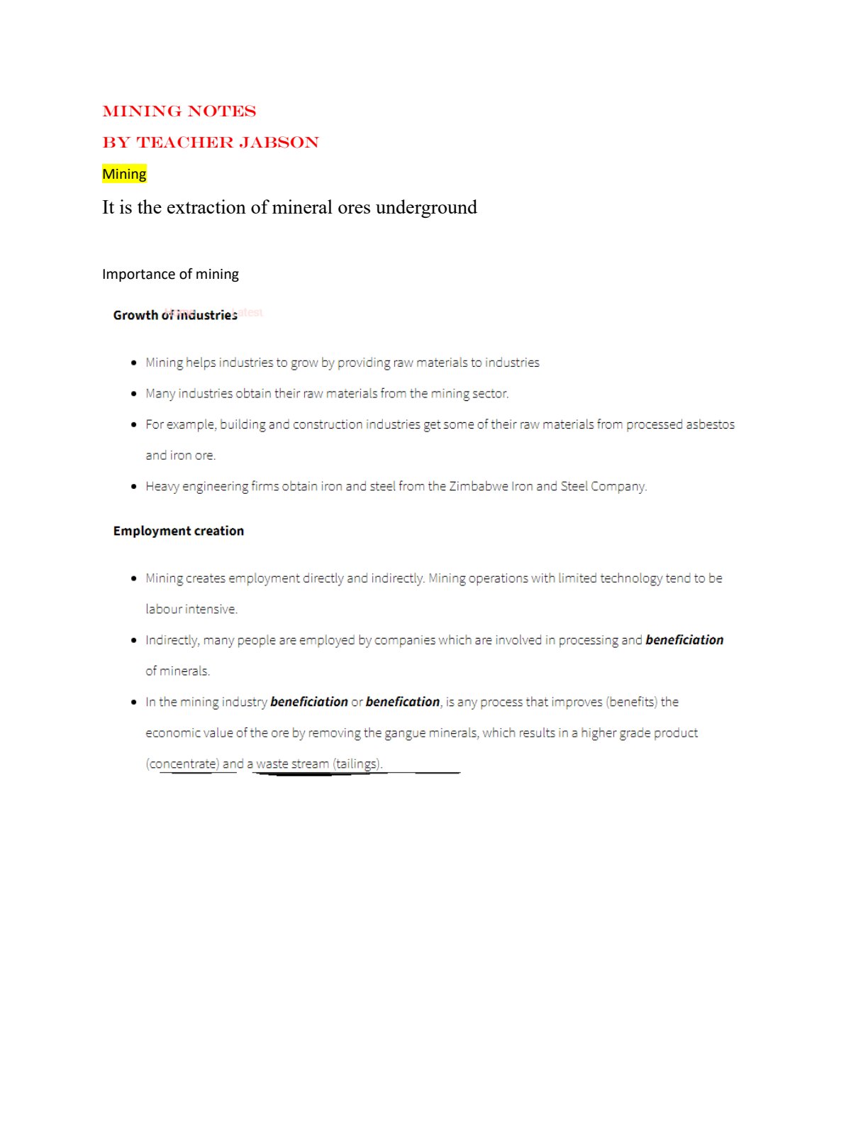 First page of Secondary Geography Mining Notes Zimbabwe