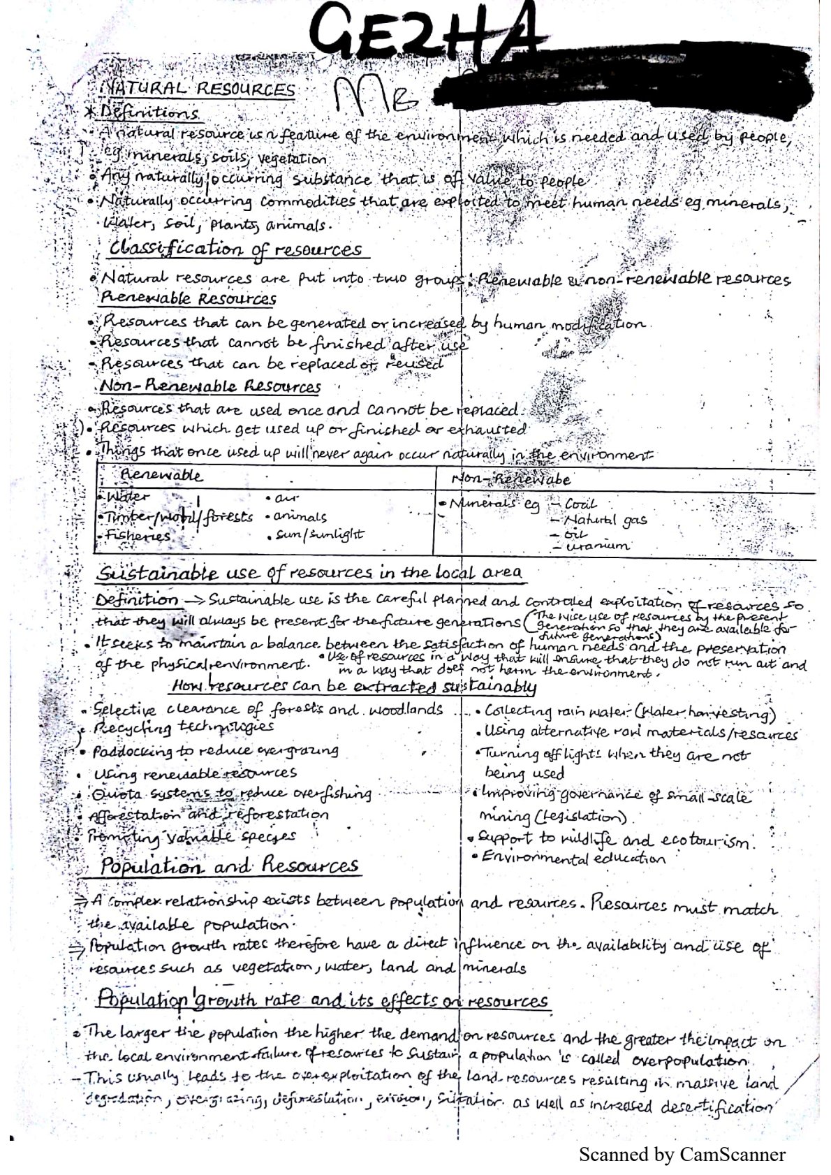 First page of Secondary Geography Natural Resources Notes Zimbabwe