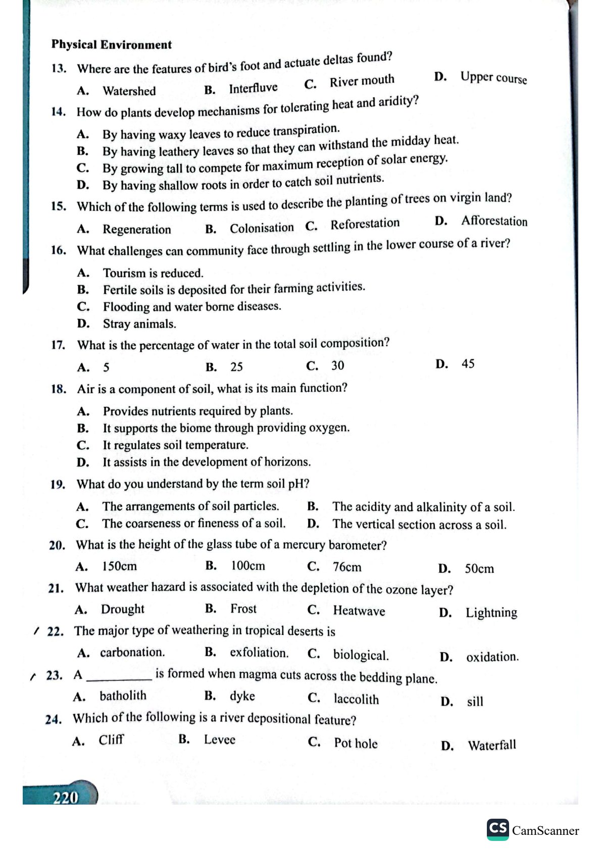 First page of Secondary Geography Physical Environment Worksheet Zimbabwe