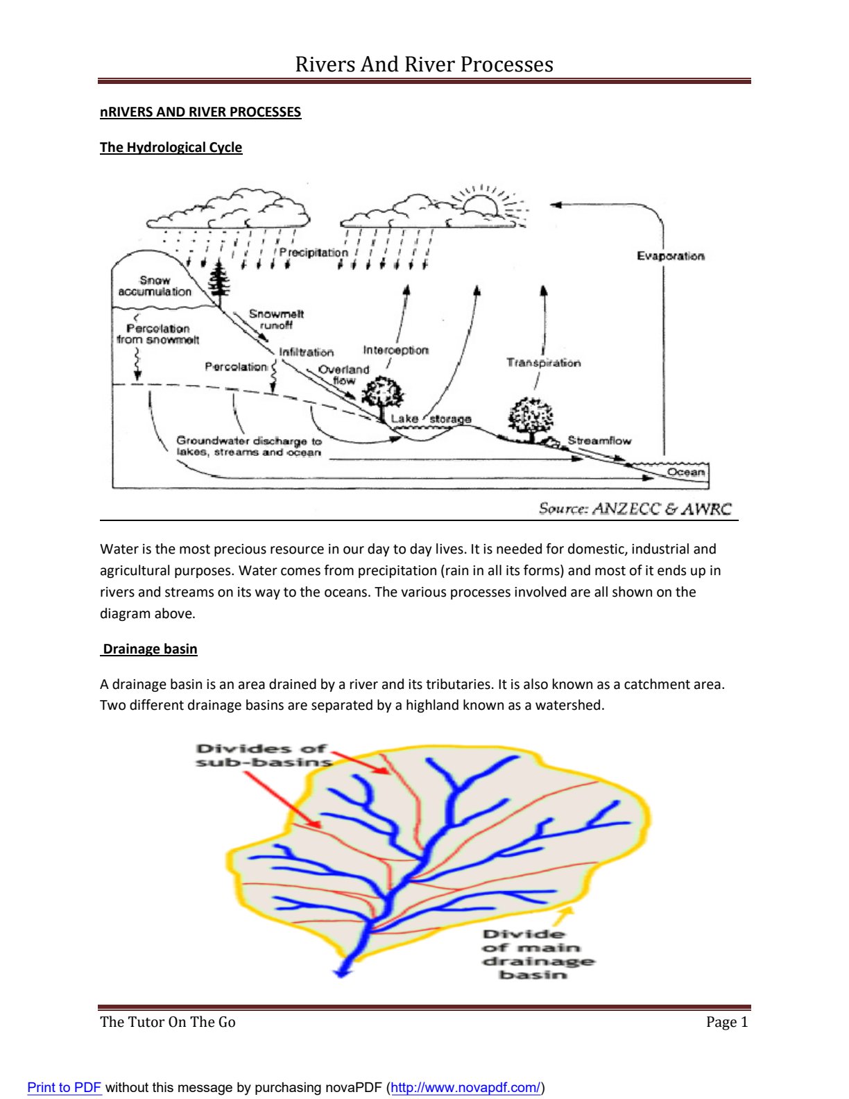 First page of Secondary Geography Rivers and River Processes Notes Zimbabwe