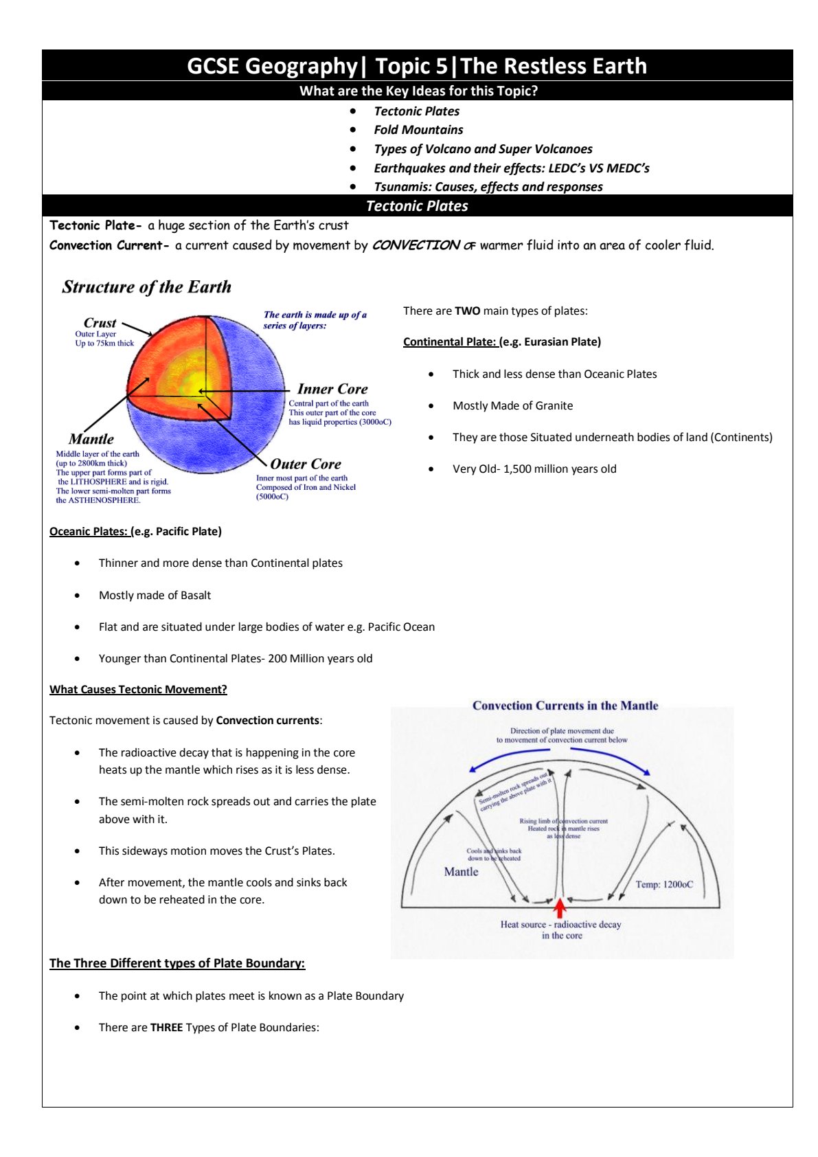 First page of Secondary Geography The Restless Earth Notes Zimbabwe