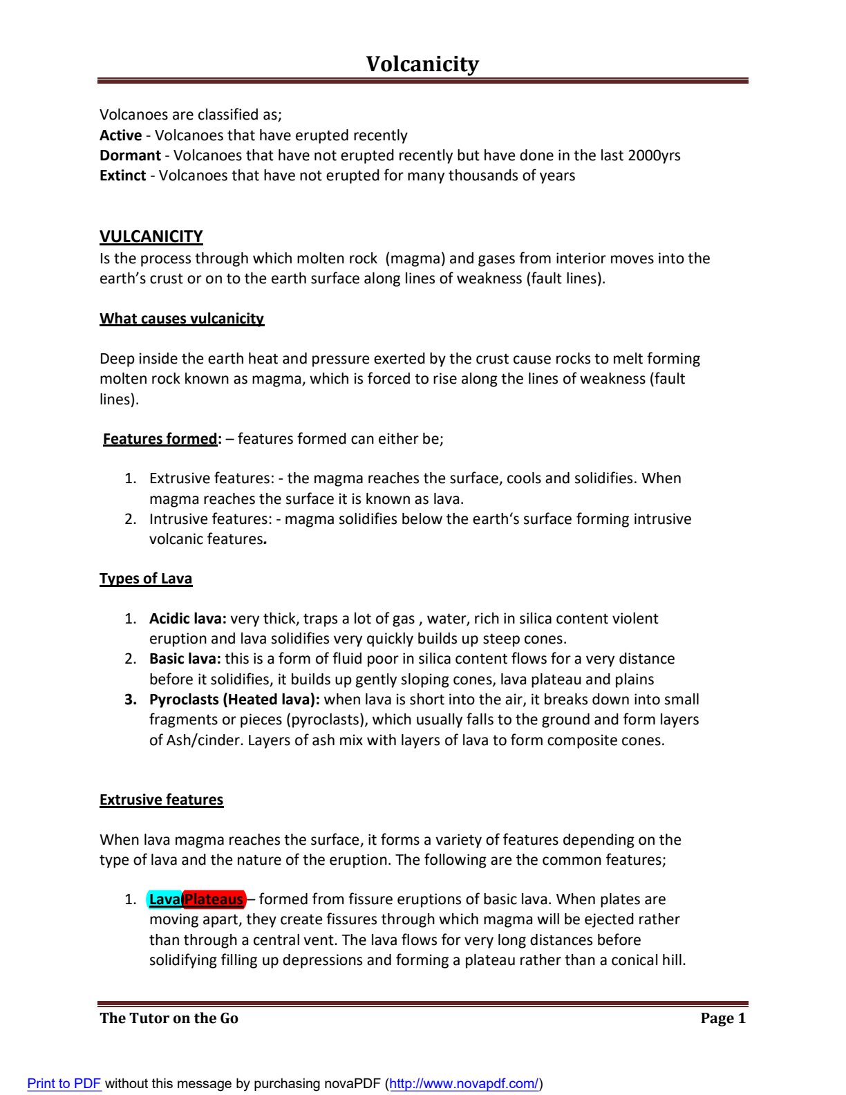 First page of Secondary Geography Vulcanicity Notes Zimbabwe