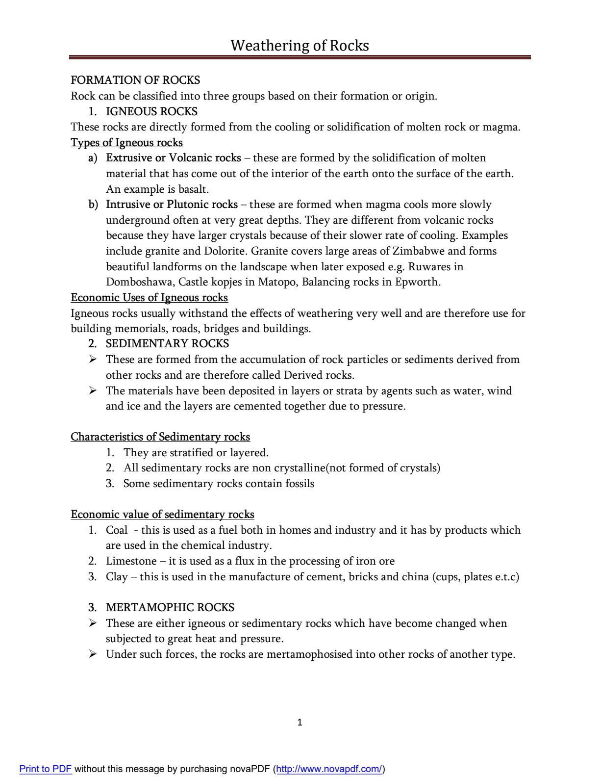 First page of Secondary Geography Weathering and Rocks Notes Zimbabwe