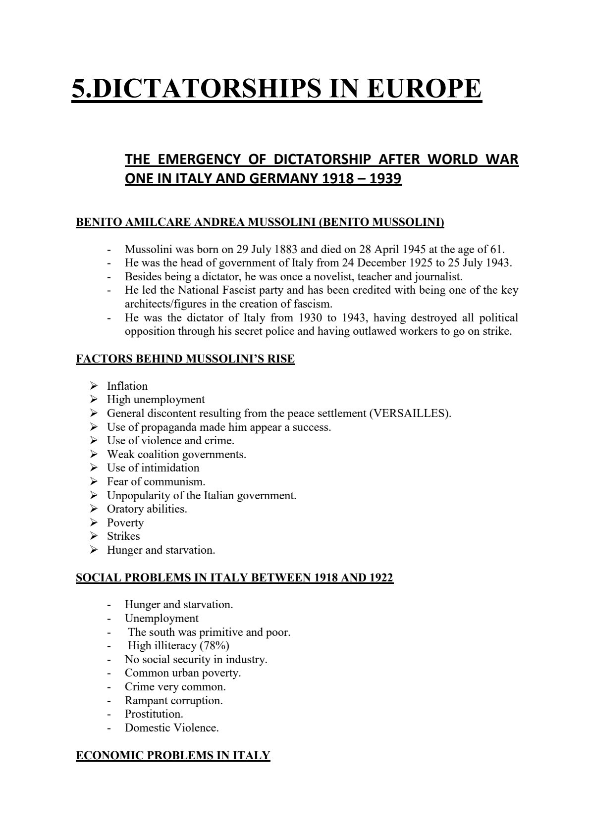 First page of Secondary History Dictatorships in Europe: Mussolini and Hitler Notes Zimbabwe