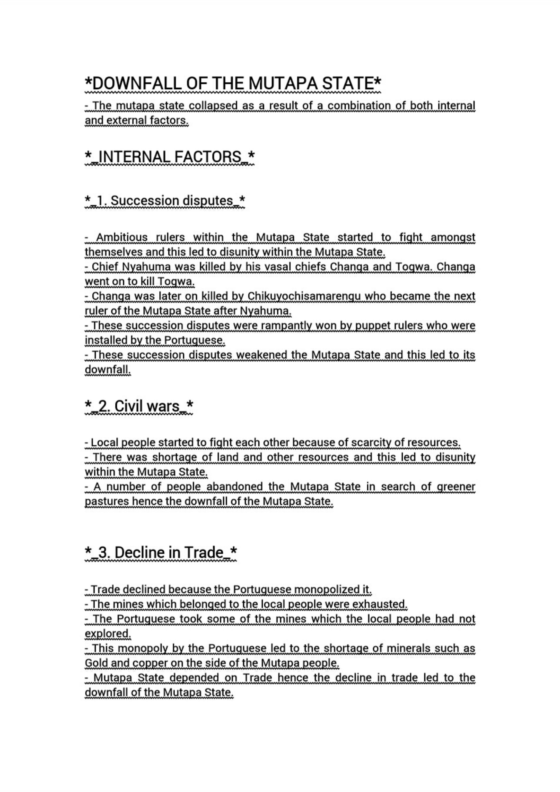 First page of Secondary History Downfall of the Mutapa State Notes Zimbabwe