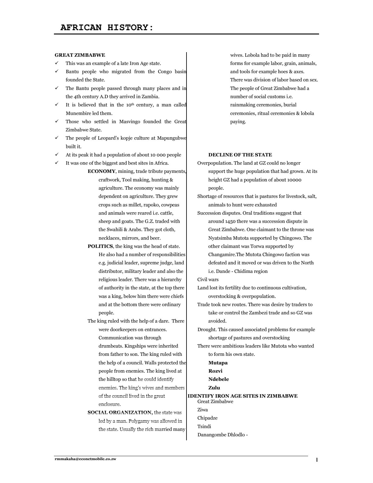 First page of Secondary History Great Zimbabwe Notes Zimbabwe