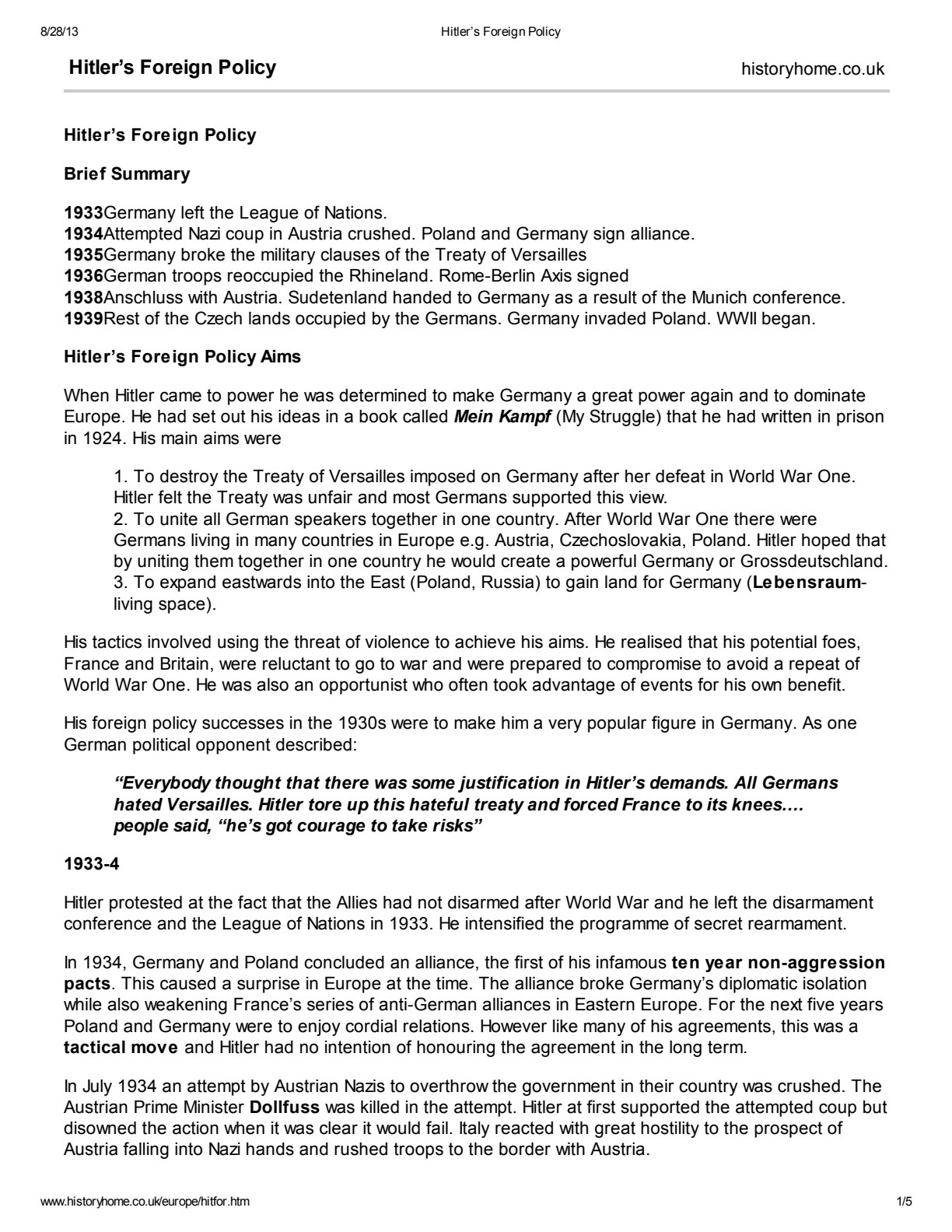 First page of Secondary History Hitler's Foreign Policy Notes Zimbabwe