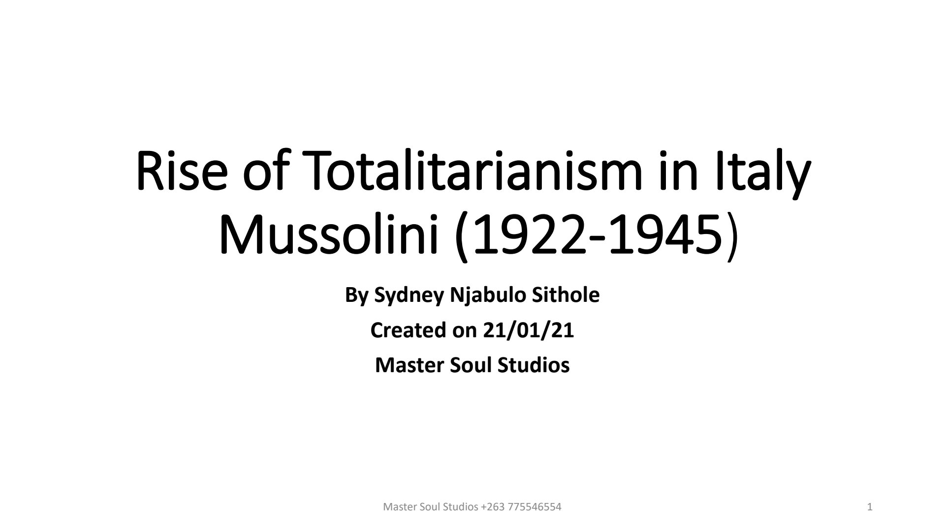 First page of Secondary History Mussolini and Totalitarianism in Italy Notes Zimbabwe