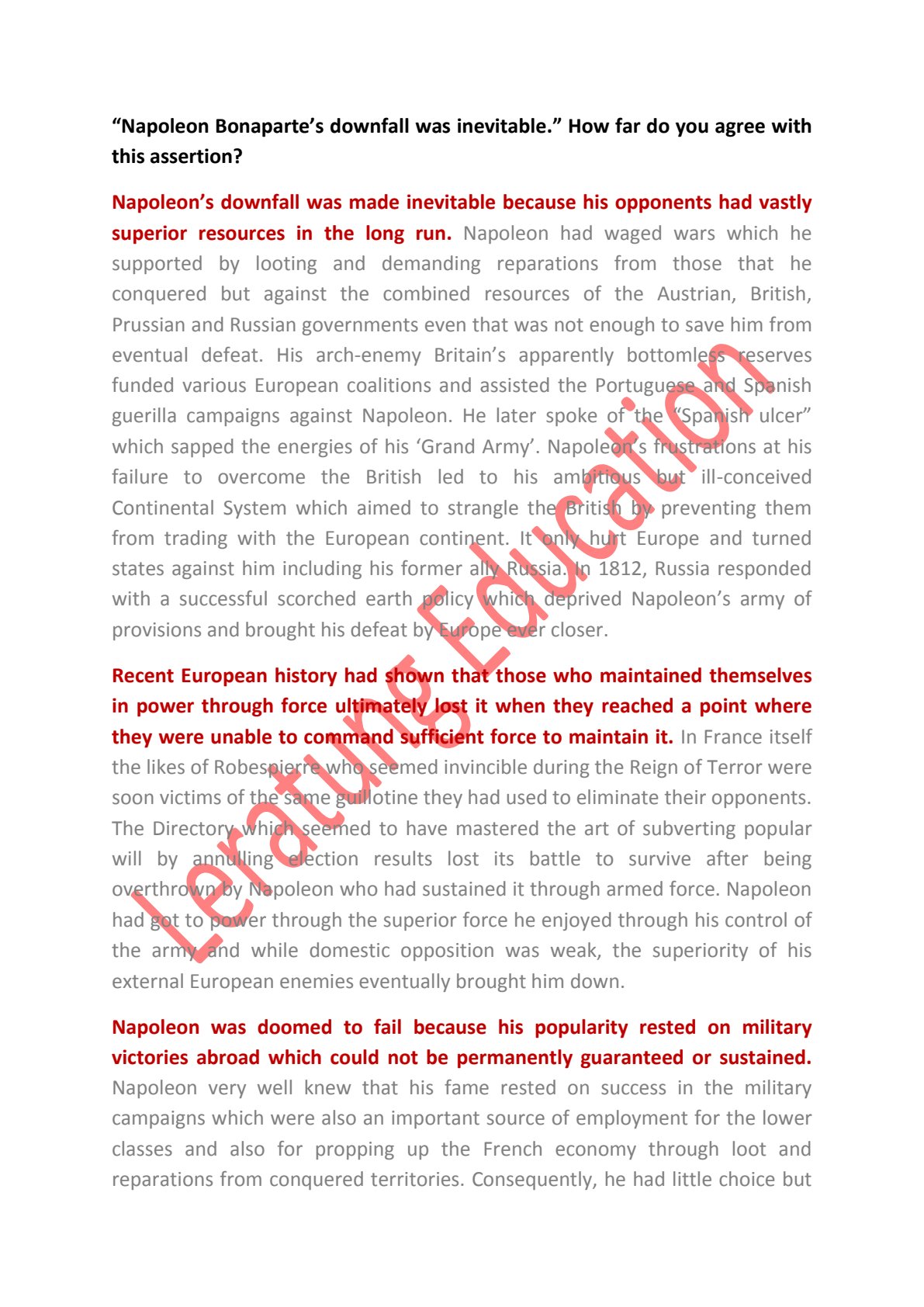 First page of Secondary History Napoleon Bonaparte Notes Zimbabwe