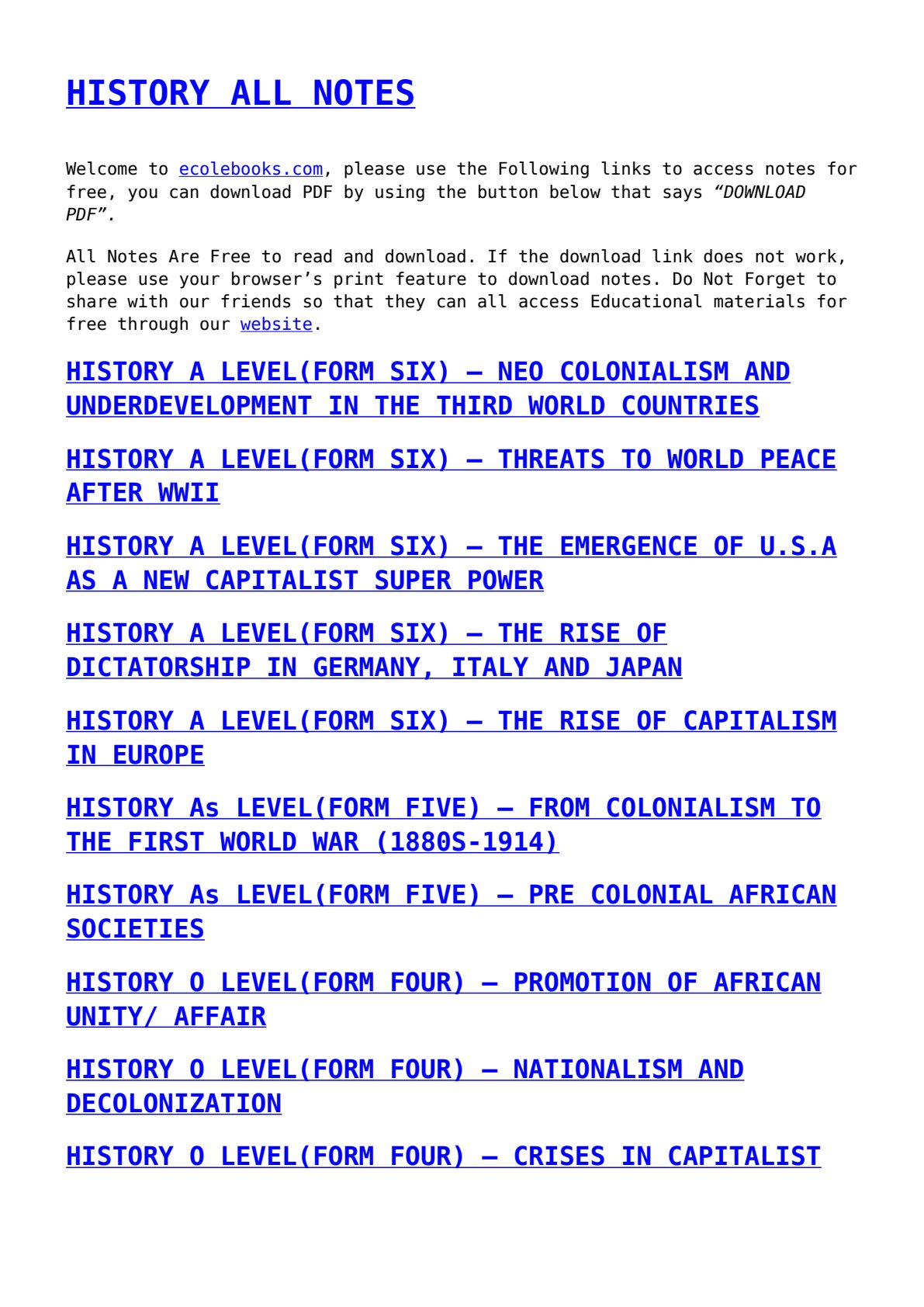 First page of Secondary History Notes Zimbabwe