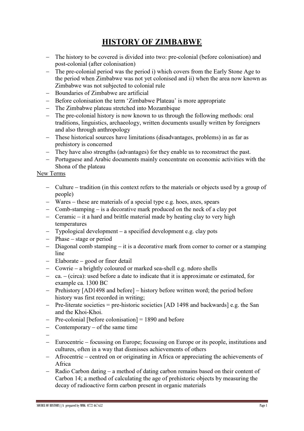 First page of Secondary History Sources of History Notes Zimbabwe