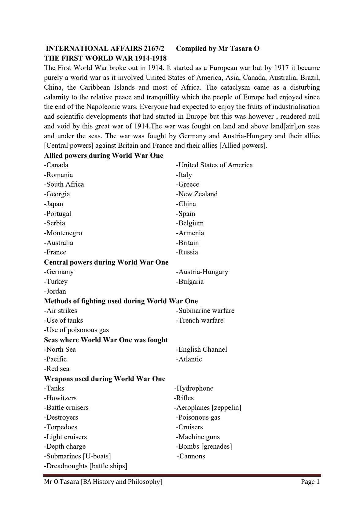 First page of Secondary History The First World War 1914-1918 Notes Zimbabwe