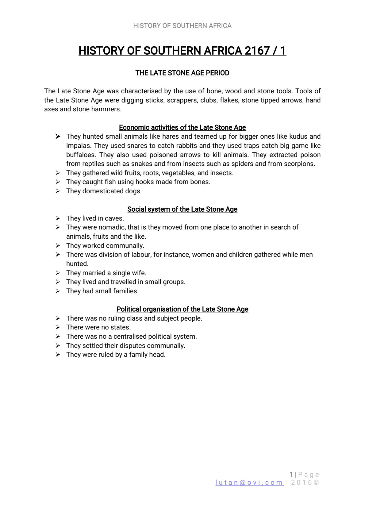 First page of Secondary History The Late Stone Age Period Notes Zimbabwe