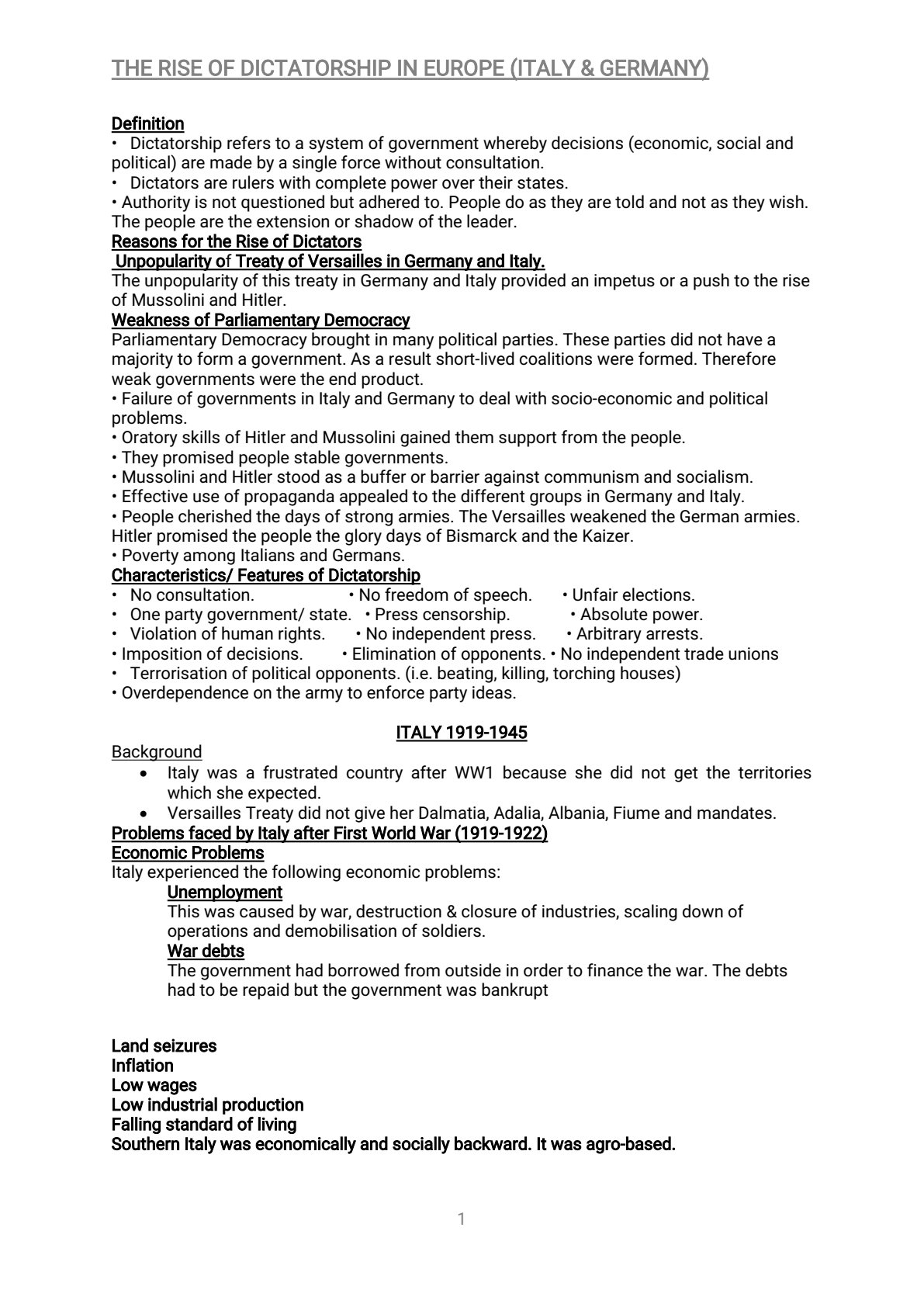 First page of Secondary History The Rise of Dictatorship in Europe Notes Zimbabwe