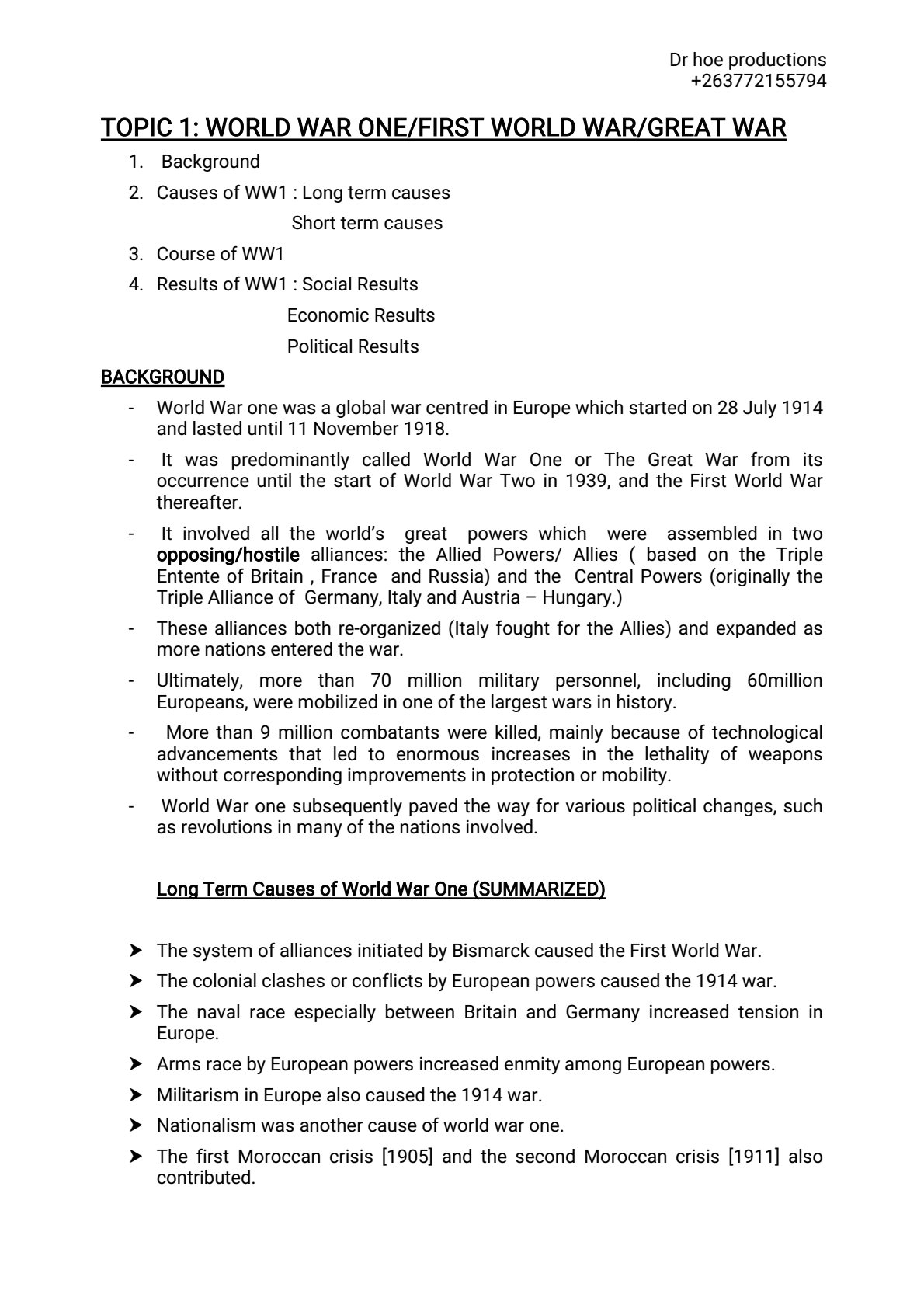 First page of Secondary History World War One Notes Zimbabwe