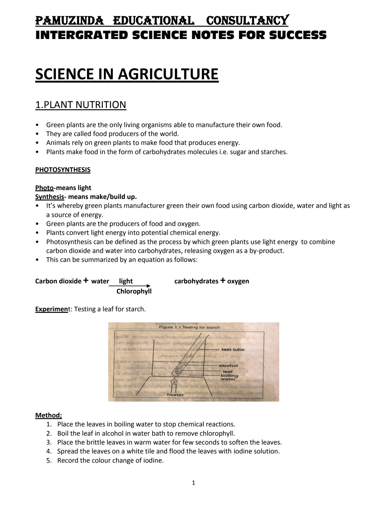 First page of Secondary Integrated Science Plant Nutrition / Photosynthesis Notes Zimbabwe